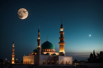 A beauitful mosque with full moon in background ai generative