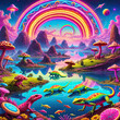 Psychedelic Neon Landscape with Reptiles, Water, and Floating Objects Gen AI
