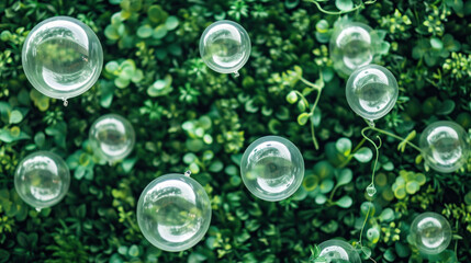 Wall Mural - a group of bubbles floating on top of a lush green field next to a lush green leafy wall of trees.