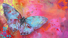  A Painting Of A Blue Butterfly On A Pink, Orange, And Pink Background With A Floral Design On The Wings.