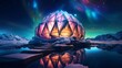 A glowing geodesic dome structure stands under a vivid aurora borealis in a snowy landscape at night.