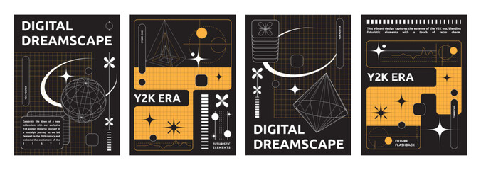 Wall Mural - Y2k aesthetic techno banners set. Vector realistic illustration of retrowave style posters with geometric lines and wireframe globe on black background, retro futuristic vibe announcement flyers