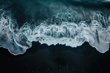 Wall Mural - Aerial view of waves crashing on a black sand beach in Iceland. Background image. Created with Generative AI technology