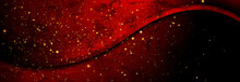 Black And Red Grunge Wavy Abstract Background With Shiny Golden Dots. Vector Banner Design