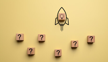 Aufkleber - Glowing lightbulb inside of rocket take off from question mark, creative thinking idea and problem-solving solution concept. Ideas, inspiration and innovation concept, leadership, success.