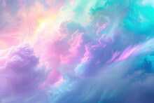 An Abstract Background With  Holographic Rainbow Iridescent Unicorn Pastel Purple Pink Teal Blue Colors. Lens Light Leaks Flash. Background Image. Created With Generative AI Technology