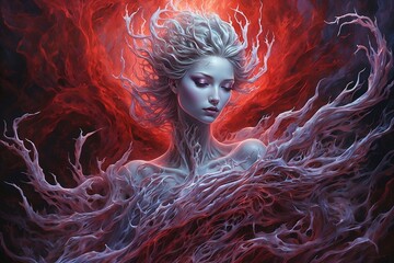 Wall Mural - A chilling divine plasma phantom, frozen in acrylic colors, commands attention with its terrifying presence: blood-red tendrils reaching out from a core of electrifying energy and ethereal wisps