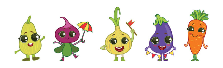 Sticker - Funny Vegetable Character with Smiling Face Vector Set