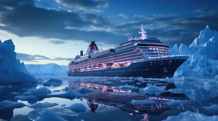 a modern, white cruise ship sails the arctic ocean, among ice floes and asbergs. travel and vacation