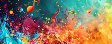 An Image Featuring Vibrant Music Notes In Various Sizes Overlaying Colorful Splashes Of Paint In A Dynamic Composition, With A Blurred Background Addi
