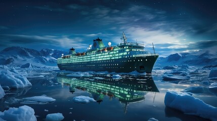 Wall Mural - A modern, white cruise ship sails the Arctic Ocean, among ice floes and asbergs. Travel and vacation. En route, northern lights