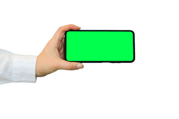 Wall Mural - Hand in a white shirt holding a phone with a green screen on transparent background