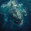 a great white shark with a boat in the background,digital art, vfx movie closeup, ferocious appearance, deep in the ocean