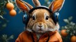 a small cute rabbit wearing headphones 