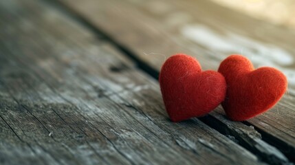 Wall Mural - two red felted hearts on a wooden background - love/romance/valentines concept