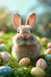 Rabit on green meadow full of painted eggs for easter vertical ai generated art. 
