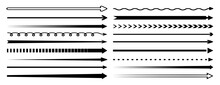 Straight long arrows set of vector horizontal pointers to the right. Isolated black thin, thick, wave and squiggle, dotted and dashed line arrows pointing to the right. Forward orientation pictograms