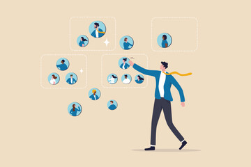 Reorganization or reorg to adjust, allocate resources, change team structure for efficiency, restructure organization, department and job roles concept, businessman ceo reorganize employee role chart.