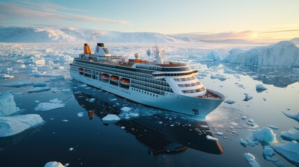 Wall Mural - A modern, white cruise ship sails the Arctic Ocean, among ice floes and asbergs. Travel and vacation. En route.