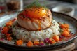 A plate of a well plated cooked Japanese dish on a table top professional advertising food photography