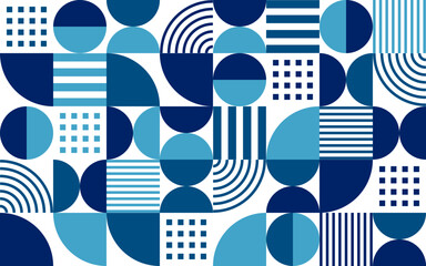 White, dark and light blue modern abstract geometric bauhaus pattern background. Vector sleek backdrop intertwines shapes in a modern dance, creating a sophisticated and visually engaging mosaic tile