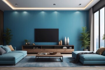 Wall Mural - Modern living room interior design and blue wall texture background