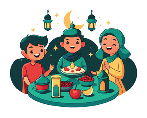 Ramadan dinner. Muslim family eating, iftar celebrating. Arab festive dishes on table, ritual greetings.