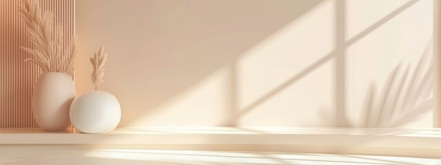 Abstract nude color gradient minimal interior with vase and sunlight. Background with leaf shadow and vase. Minimal product placement. Luxury interior aesthetic shadow. AI generate