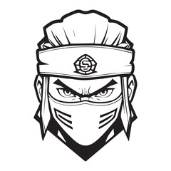 Poster - 2d black outline vector hand drawn art style minimalism black and white head of ninja