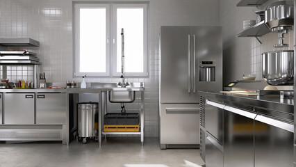 stainless steel washing sink, cabinet, shelf, table with utensils, kitchenware, in white tile wall c