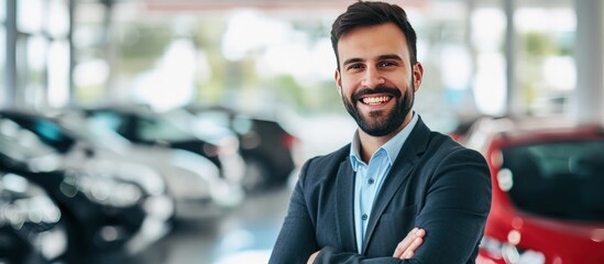 Young happy salesman working at car dealership and looking at camera. Generated AI image