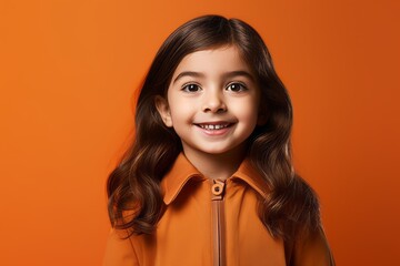 smiling little girl in orange hoodie looking at camera over orange background