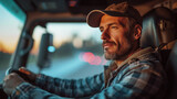 Fototapeta  - Happy truck driver in his cabin, driving in a highway, holding steering wheel