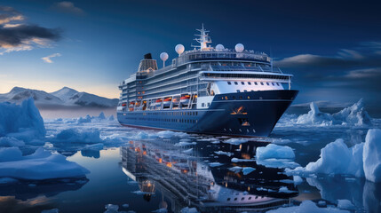 Wall Mural - A modern, white cruise ship sails the Arctic Ocean, among ice floes and asbergs. Travel and vacation. En route.