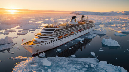 Wall Mural - A modern, white cruise ship sails the Arctic Ocean, among ice floes and asbergs. Travel and vacation. En route.