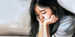 sad Asian girl with long black hair resting chin in hands and slumping shoulders, concept of sadness and depression, digital art