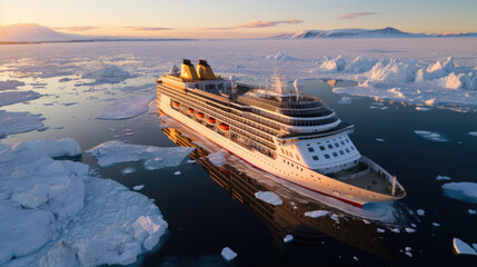 Wall Mural - A modern, white cruise ship sails the Arctic Ocean, among ice floes and asbergs. Travel and vacation. En route.