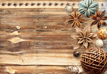 Eco Friendly Backdrop. Horizontal Background With Star Anise, Handmade Burlap Star And Rotang Ball On Wooden Boards. Copy Space For Text. Ecology, Environmental Conservation And Zero Waste Concept