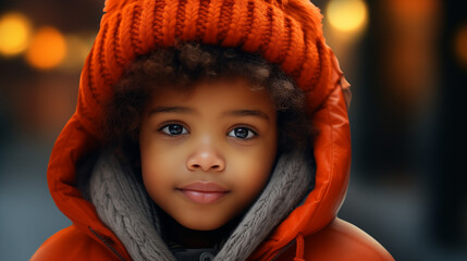 portrait of a beautiful, cute little child with brown hair, dark eyes and orange winter jacket