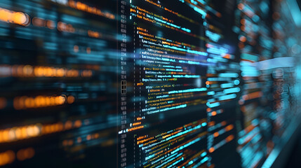 close-up shot of programming code blurred in bokeh style.  AI generative.
