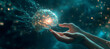 © jex - A hand holding a brain icon represents futuristic thinking and innovation. The bright, glowing brain icon floats above the hand, symbolizing creativity, and mind control.