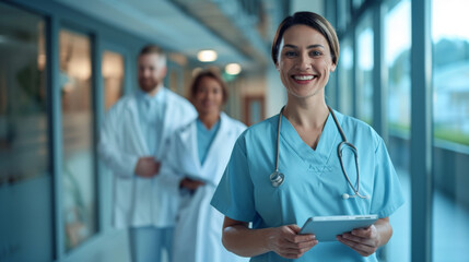 Wall Mural - female healthcare professional in blue scrubs with a stethoscope around her neck