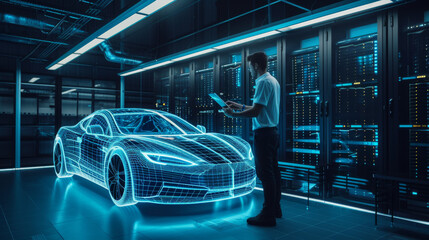 man standing in a server room looking at a tablet, with a holographic projection of a car in front of him