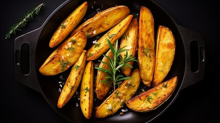 Wall Mural - Baked potato wedges with cheese and herbs and tomato sauce on black background - homemade organic vegetable vegan vegetarian potato wedges snack food meal.