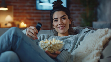 Sticker - relaxed young woman lying on a couch with a remote in one hand and a bowl of popcorn in the other, smiling at the camera