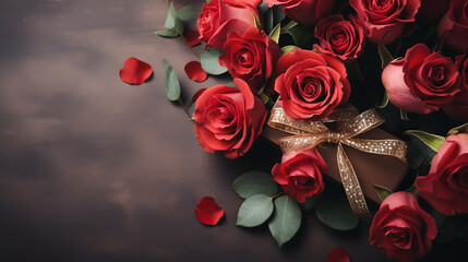 Sticker - Flat lay composition with beautiful red roses and gift boxes on grey background. Valentine's Day celebration