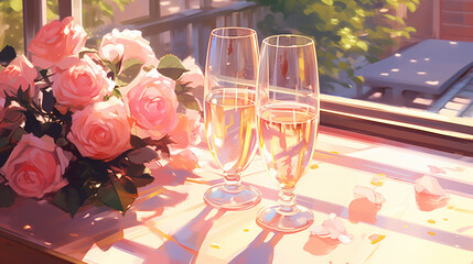 Wall Mural - Rose wine tasting, glass of rose wine poured from bottle outdoors in garden party in vineyard, ripe grapes on wooden table, sunlight, harvest time, copy space