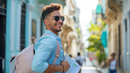 Poster - cheerful young man with blonde hair and sunglasses holding a map