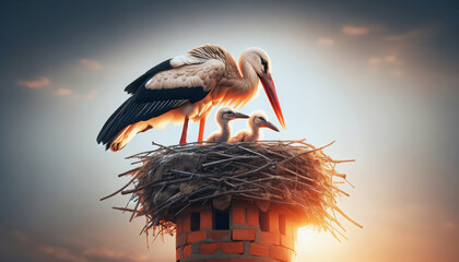 AI generated illustration of a stork with chicks in a rooftop nest against a dramatic sunset sky