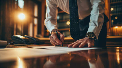 Wall Mural - Close-up shot of a person's hands writing on a paper with a pen